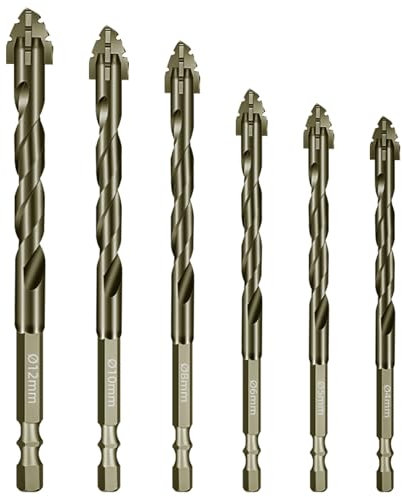 Brocas Metal Vástago Hexagonal Juego de Brocas 4 mm, 5 mm, 6 mm, 8 mm, 10 mm, 12 mm Set Brocas Accesorios Taladro para Azulejos, Cerámica, Vidrio, Hormigón, Ladrillo, Acero, Madera, 6 Piezas