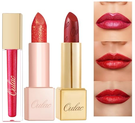OULAC Red Metallic Lip Gloss Kit – Shimmer & High Pigment, Long Lasting Moisture Lip Gloss Set, Creamy Texture & Hydrating with Shea Butter, Vegan & Clean Beauty Formula MD07+PG02+MSD12(3pcs)