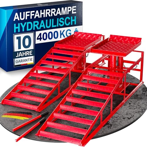 WERKTHOR Rampa idraulica per auto (Set da 2 Rosso) – rampa di carico con valvola di sicurezza/sovrapressione [<4T] – rampa regolabile in altezza auto – ponte sollevatore auto
