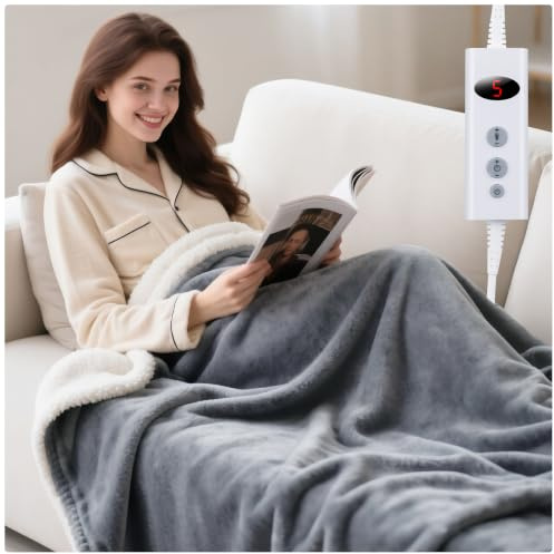 Qoosea Couverture Chauffante Électrique 160x130 cm avec Fonction D'arrêt Automatique 9 Niveaux de Chauffage 9 Réglages de Temps Protection Surchauffe Lavable en Flanelle pour Lit et Canapé (Gris)