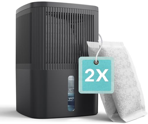 AROEVE 2 Packs x 450g（900g）Deumidificatore, 1000 ml Capacità | Scatola Riutilizzabile, 2 Ricariche. Assorbe Umidità&Odori, Serbatoio Visibile,Eco Senza Elettr,Svuota,Armadi,Bagni,Camere,RV