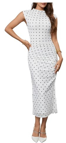 Milumia Women's Polka Dots Sleeveless Ruched Bodycon Midi Dress Mock Neck Slit Thigh Summer Dresses White Small