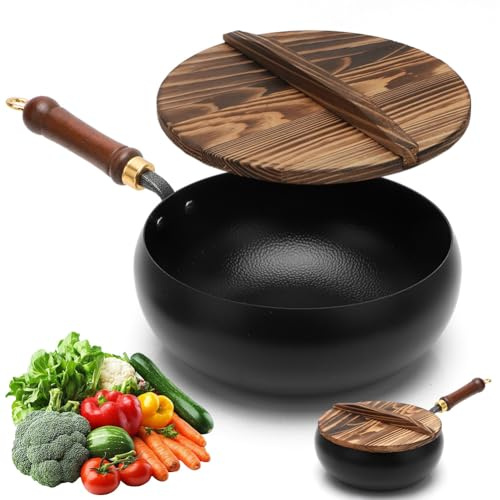 XUTUUDID Sartén de hierro forjada sin revestimiento, sartén de hierro, olla forjada a mano, sartén sin revestimiento, cacerola grande con tapa, sartén antiadherente para cocina de gas y cocina de