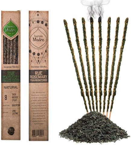 Sagrada Madre, Incienso Artesanal, Incienso De Romero, Ruda Y Olíbano Natural, Ideal para Meditación y Mindfulness, 8 Varillas