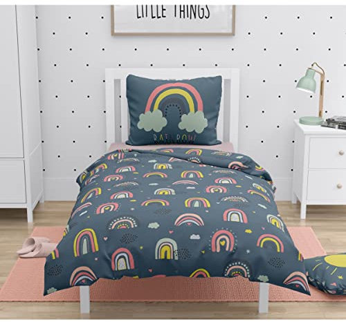 Home Linge Passion Juego de edredón Infantil 100% algodón, 57 Hilos, 140 x 200 cm, Azul Pato arcoíris