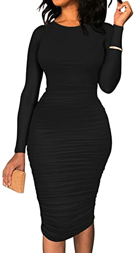 BEAGIMEG Women's Ruched Long Sleeve Elegant Bodycon Basic Casual Midi Dress Black