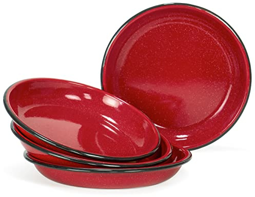 Red Co. Set of 4 Enamelware Metal 10” Round Camping Plates, White-Speckled Red/Black Rim
