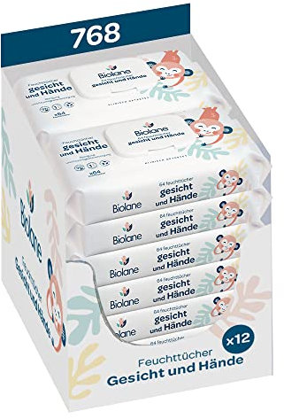 BIOLANE - Babytücher für Gesicht und Hände - Besonders sanfte Reinigungstücher für die Hygiene - Babytücher ab der Geburt - Alkoholfrei - 12 x 64 Tücher (768 Tücher)