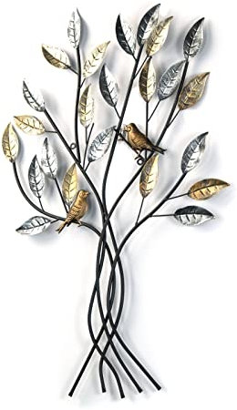 DESIGN DELIGHTS Wand DEKO Baum mit Vögeln | Metall, 76 cm, Silber/Gold | Metallbild Blätter, Wandrelief, Wandbild, Wandskulptur