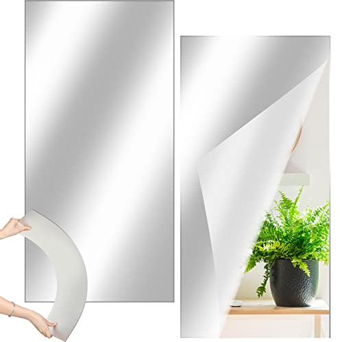 Queekay 2 Pcs Home Gym Mirrors 12 x 24 Acrylic Wall Mirror Tiles 2mm Thick Self Adhesive Mirror Sheets Frameless Wall Mounted Mirror Stickers Decor for Workout Bedroom Ceiling