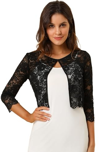 Allegra K Día de San Patricio Cárdigan Elegante De Bolero De Manga Larga Top De Encaje Floral Transparente para Mujer Negro XXL