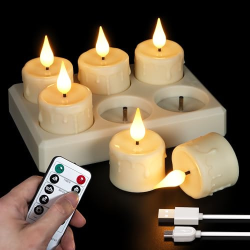 FREEPOWER 6 velas LED recargables con estación de carga y cable USB, velas eléctricas parpadeante con mando a distancia, temporizador, luz blanca cálida, decoración vacaciones, diámetro 4 x 5,5cm
