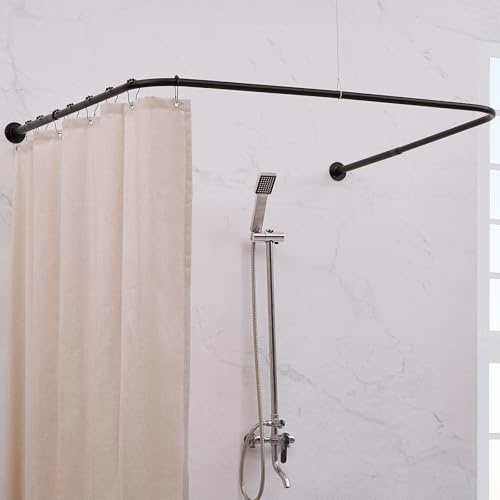Crkmire U Form Duschvorhangstange, [Beide Seiten: 60-132cm, Mitte: 78.7-118.6cm] Einstellbare Badewanne L & U Form Duschstange Außenduschstange für Badezimmer mit 12-Haken Deckenunterstützung