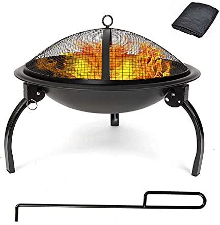 NOALED Bol à feu extérieur Pliable de 20 Pouces, Foyer à Bois avec Foyer de Poker, Grille à bûches, Poker