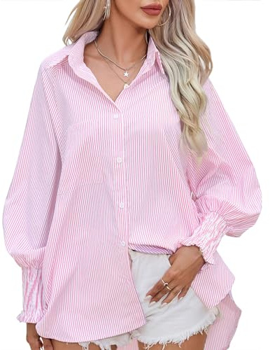 YNIQUE Blusa de Rayas de Manga Larga para Mujer, Camisa Suelta con Bolsillo, Tops Casuales con Botones, Blusa para Oficina