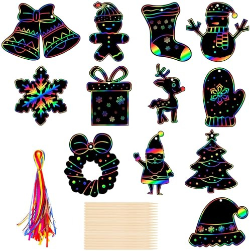 36 Stück Weihnachten Kratzbilder, Weihnachten Regenbogen Kratzbilder, Kinder Regenbogen Kratzpapier Set, kratzbilder für kinder mit 36 Bändern und 18 Holzstiften, für Weihnachtsdekoration