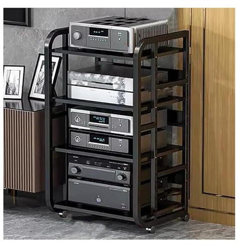 Audio Rack HiFi Regal Rollwagen-Rack for Audiogeräte, Tragbar, Büro, Schlafzimmer, Wohnzimmer, AV-Rack, Mehrstufiges AV-Medienregal, AV-Medienregal Mit Stauraum(Schwarz,4Tiers-B)