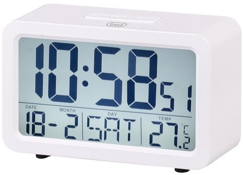 Trevi SLD 3P60 Sveglia Digitale con Grande Display LED Retroilluminato, Orologio con Termometro, Calendario, Funzioni Timer e Snooze, Alimentazione a Batterie AA, Facile da Utilizzare, Bianco