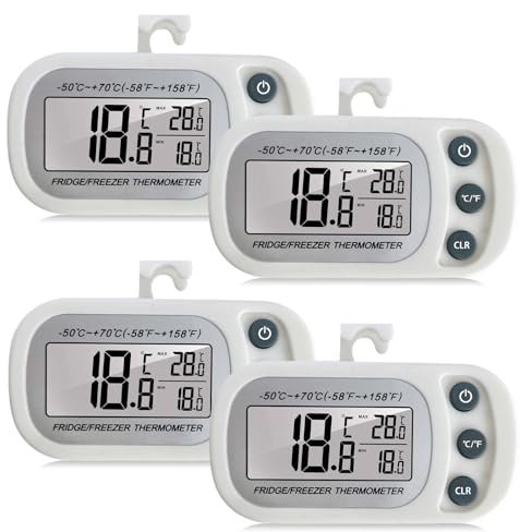 4 Stück Kühlschrankthermometer, Digitale Gefrierschrank Thermometer Digitales Kühlschrankthermometer mit LCD-Anzeige, Haken & Magnetisch, Max/Min Funktion für Hause Küche Cafés (Weiß 4P)