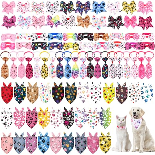 Reginary 120 Pcs Paw Bone Print Dog Bandanas Bulk Dog Bows Set Bow Ties Cat Scarf Colorful Washable Triangle Pet Kerchief Cute Bib for Summer Small Medium Large Pets Grooming Accessories Costume