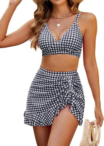 LLECDASEUI Femmes Rétro Imprimé à carreaux Ensembles de bikinis Bikini dos nu avec Jupe taille haute Contrôle du ventre Deux pièces Maillot de bain