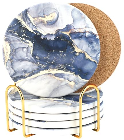 Posavasos con Soporte - Juego De 6 Posavasos Absorbentes - Coasters - Base Antideslizante - Absorción Rápida De Agua (Diseño de mármol Azul - Juego de 6)