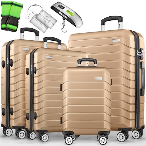 tillvex® Set de 4 Valises de Voyage + Balance, 4 Sangles à Bagages et 4 étiquettes à Bagages | Lot de valises avec roulettes et TSA Lock | Sacs de Voyage à Coque Rigide S-M-L-XL (Champagne)