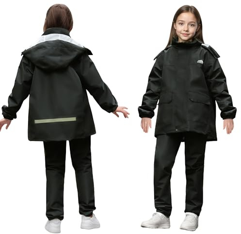 Baogaier Trajes de Lluvia para Niño Niñas, Impermeable Chaqueta con Capucha y Pantalones, Impermeables Conjunto de Chubasquero para Exteriores Bicicleta Camping, 11-12 años, Negro