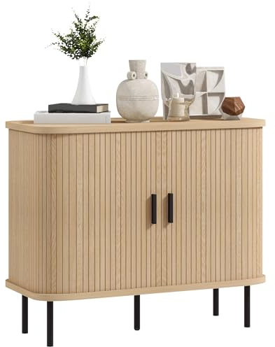 HOMCOM Buffet Salon, Meuble de Rangement avec 2 Portes coulissantes en Tambour à Lattes et 4 Compartiments, 5 Pieds en Acier, Style Moderne, pour Salle à Manger et Cuisine, 90 x 40 x 75 cm, chêne