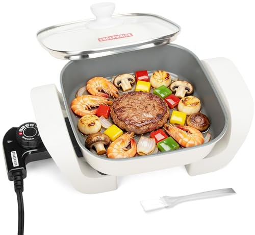 SugarWhisk 8-inch Ceramic Coated Electric Skillet with Lid, Non Stick Skillet Griddle Pan Electric, Rapid Heat Up, 650W, Breakfast Skillet, Kitchen Appliances for Cooking, White
