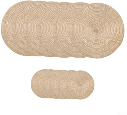 12 piezas de manteles individuales redondos y posavasos, juego de 30 cm de manteles individuales tejidos de mezcla de algodón con posavasos de 11 cm para bebidas, protectores de mesa antideslizantes