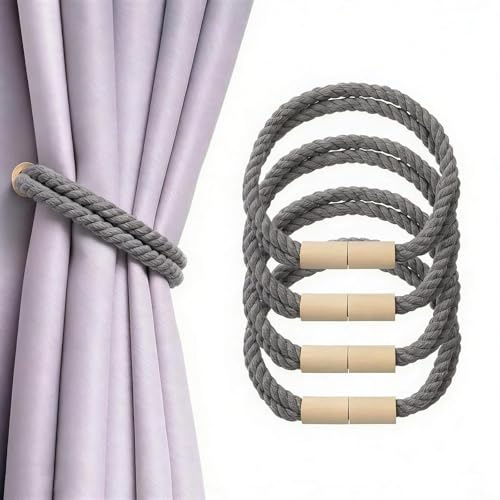 Lote de 4 soportes magnéticos para cortinas – Cuerda trenzada decorativa en | gris, cierre potente sin necesidad de taladrar, ajustable para cortinas ligeras y gruesas –Ideal para salón,dormitorio, hotel