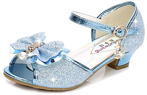 Eleasica Bambine e Ragazze Scarpe col Tacco Antiscivolo Scarpe da Principessa Carnevale Sandali Costumi Natale Regalo Matrimonio Compleanno Aperte sulla Punta,Blu,26