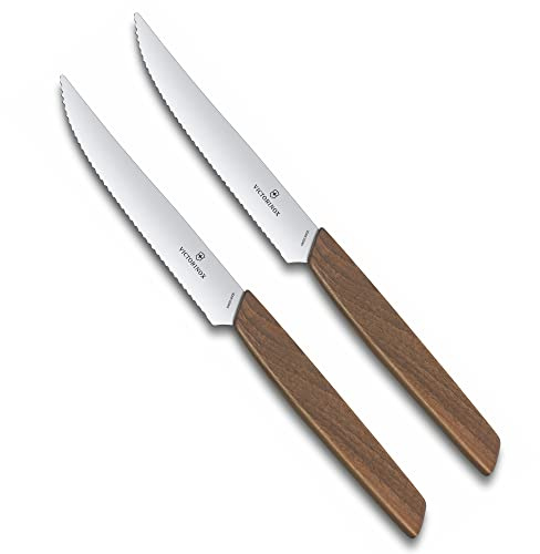 Victorinox Swiss Modern, Profi Steakmesser-Set, 2-teilig, Extra Scharfe Klinge, Wellenschliff, 12 cm, Edler Holzgriff, Rostfreier Stahl, braun