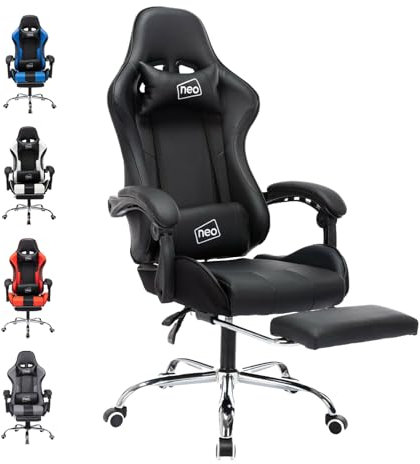 Neo Leather Gaming Racing Chair Footrest, Headrest and Lumbar Massage, Height Adjustable with Swivel Seat for Home/Office (Black)