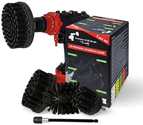 Kornely Premium Drill Brush Professional – Ultra-Stiff Black 5-Piece Set | Scratch-Free Heavy-Duty Cleaning Brushes for Concrete, Brick, Stone, Metal, Garage, BBQ Grills, Rust and Construction Tools