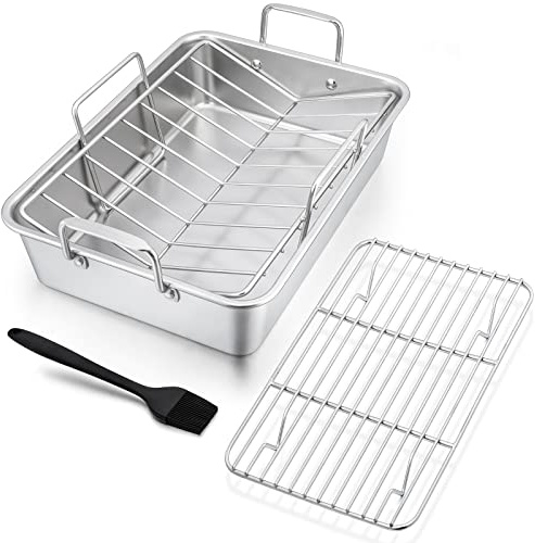 Stainless Steel Roasting Pan with Rack, HaSteeL 13.5In Lasagna Roaster Pan, Baking V-shaped Rack & 8In Basting Brush, Great for Turkey/Chicken/Veggies/Ham, Heavy Duty & Dishwasher Safe - 4Pcs