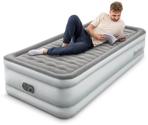 Bestway King Queen Double Single Size Air Bed | Airbed with Built-in Electric Pump, Fast Inflation, Wave Beam Support Mattress with Storage Bag, Grey