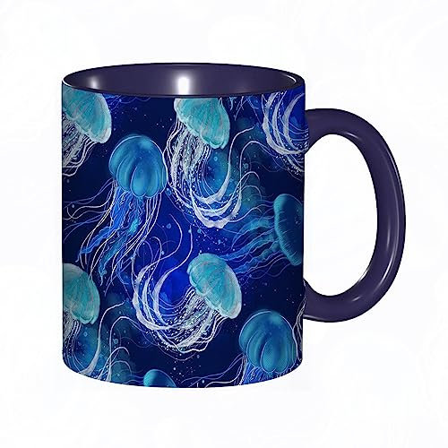 DHAEY Mug porcelaine fine Méduse Océan Mer Créature Monde sous-marin Vie marine Vie marine,Bleu |Mug humour pour collègue, amis, copains, frères et soeurs |Mug original avec