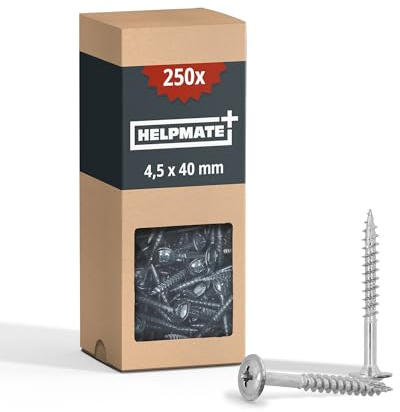 HELPMATE - Tornillos para madera de cabeza plana 4,5 x 40 galvanizados - Pack de 250 tornillos para madera con accionamiento PZ2 y muesca de corte - Para fijación de herrajes metálicos a madera