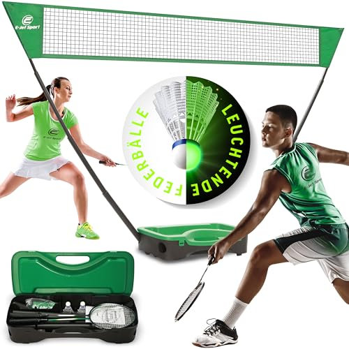 E-JET Tragbares Badminton-Set mit Stand, Badmintonnetz mit 2 Badminton-Schlägern für Familie, einfacher Aufbau für das Training im Garten, Strand, Park
