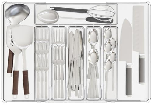 STORICANS Cutlery Drawer Organiser, Expandable Kitchen Drawer Organiser Cutlery Organizer Utensil Tray for Kitchen,Adjustable Silverware and Flatware Holder for Spoons Forks Knives, Large, Clear