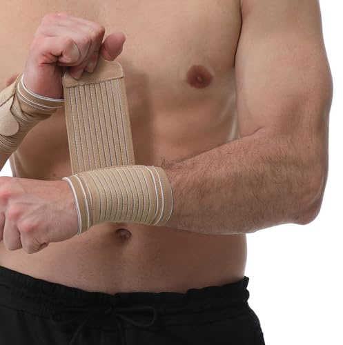NeoTech Care Wrist Band - Adjustable Compression Strap - Elastic & Breathable Fabric - Support Sleeve for Tennis, Sports, Exercise - Men, Women, Right or Left (Beige Color, Size L, 1 Pair)