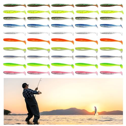 MIPIACE Juego de 50 señuelos de pesca de goma para lucioperca, 7 cm, cebo de goma para lucioperca, trucha, perca, para pesca en agua salada y agua dulce