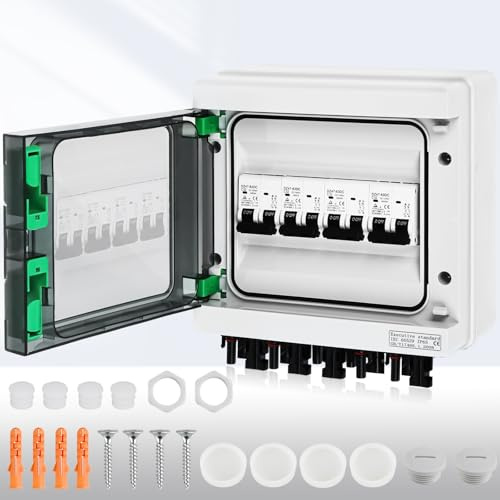 Warmfay Überspannungsschutz PV DC12-1000V Leitungsschutzschalter 32A DC Trennschalter PV Anlage 4 String, IP65 Wasserdicht & UV-Beständig Solar Anschlusskasten 4 in 4 out