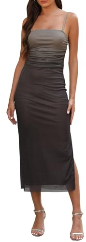 Adigaber Women's Mesh Dress Spaghetti Strap Printed Side Slit Fitted Maxi Dress