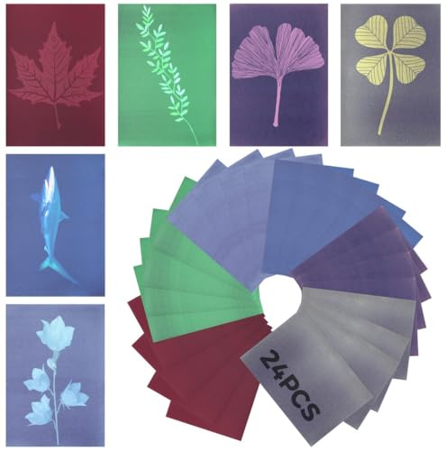 Kit de papier d'impression solaire à faire soi-même, 24 feuilles en 6 couleurs pour art cyanotype, impression soleil inspirée de la nature pour travaux manuels et enfants