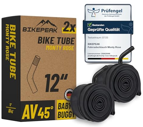 BikePeak 2X Kinderwagen Schlauch 12 Zoll mit schwarzem Autoventil 45° abgewinkelt - Schlauch AV Schrader Ventil, ETRTO 47/62-203, 300A - 2er Set Schläuche Buggy, Dreirad, Laufrad, Fahrrad, Kinderrad