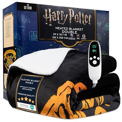 Get Trend Harry Potter dubbel värmefilt 150 x 200 cm, mysig sherpa-fleece, 9 nivåer elektrisk uppvärmning med 12 timmars automatisk avstängning (svart Harry Potter, dubbel EU)
