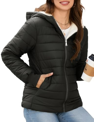 Yuson Girl Winter Jacket for Women UK Ladies Lightweight Coat Hooded Quilted Padded Short Jackets Warm Fleece Lined Windproof Parka Quilted Padded Coat Zip Outerwear with Pockets(Black, XL)